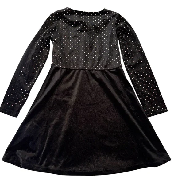 Zara | Kids Black Velvet Metallic Multicolor Dots. Long Sleeve Dress  -Size 7 - Picture 3 of 11